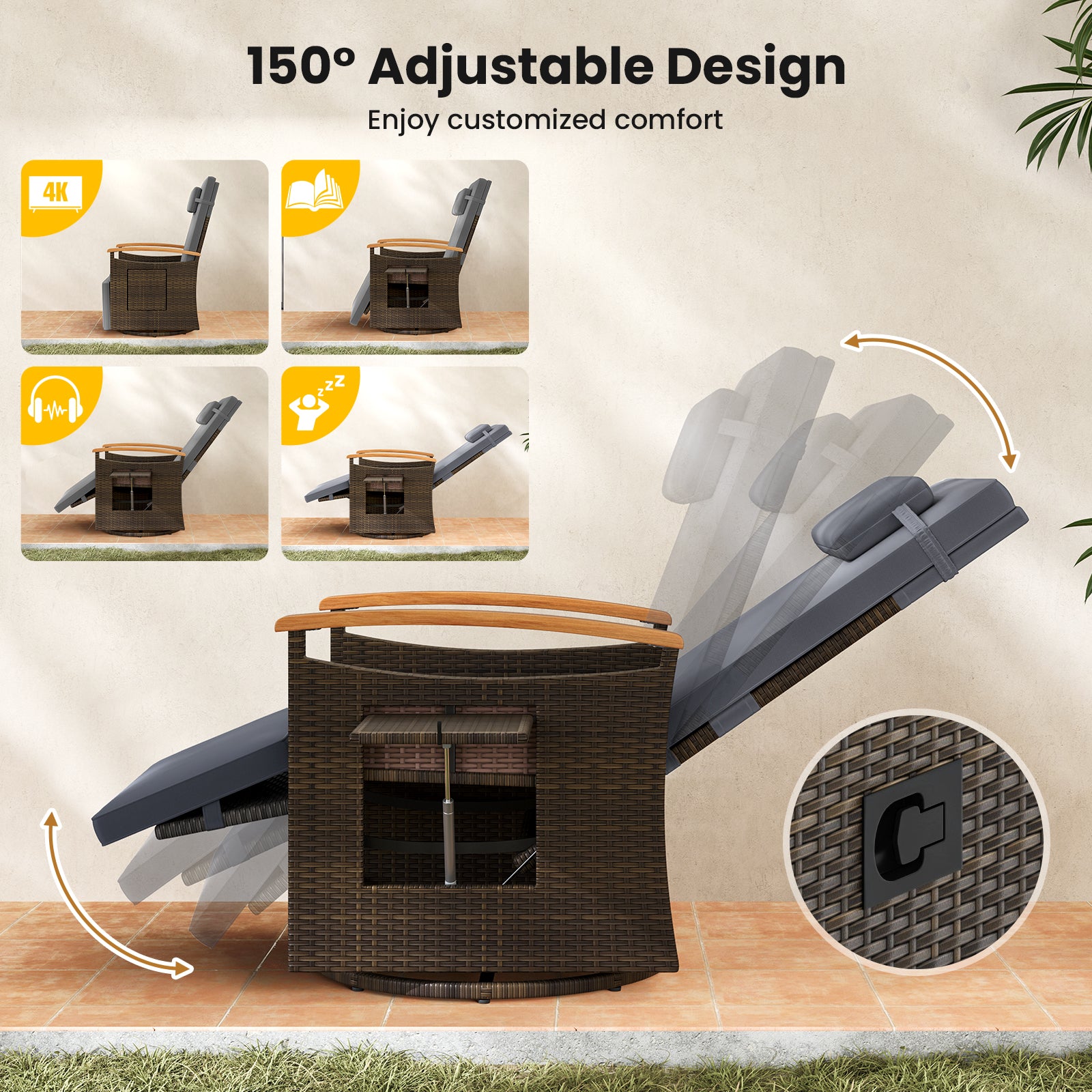 Patio Rattan 360° Swivel Recliner Chair, Adjustable Backrest, Footrest, Gray Outdoor Seating & Patio Chairs at Gallery Canada