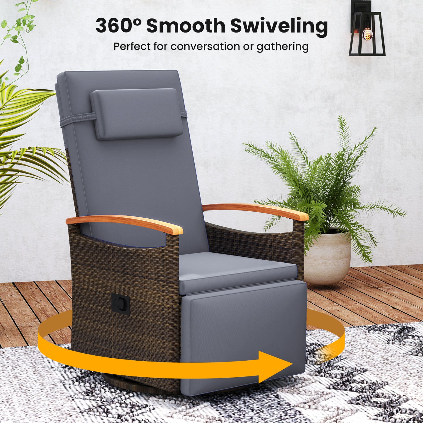 Patio Rattan 360° Swivel Recliner Chair, Adjustable Backrest, Footrest, Gray Outdoor Seating & Patio Chairs at Gallery Canada