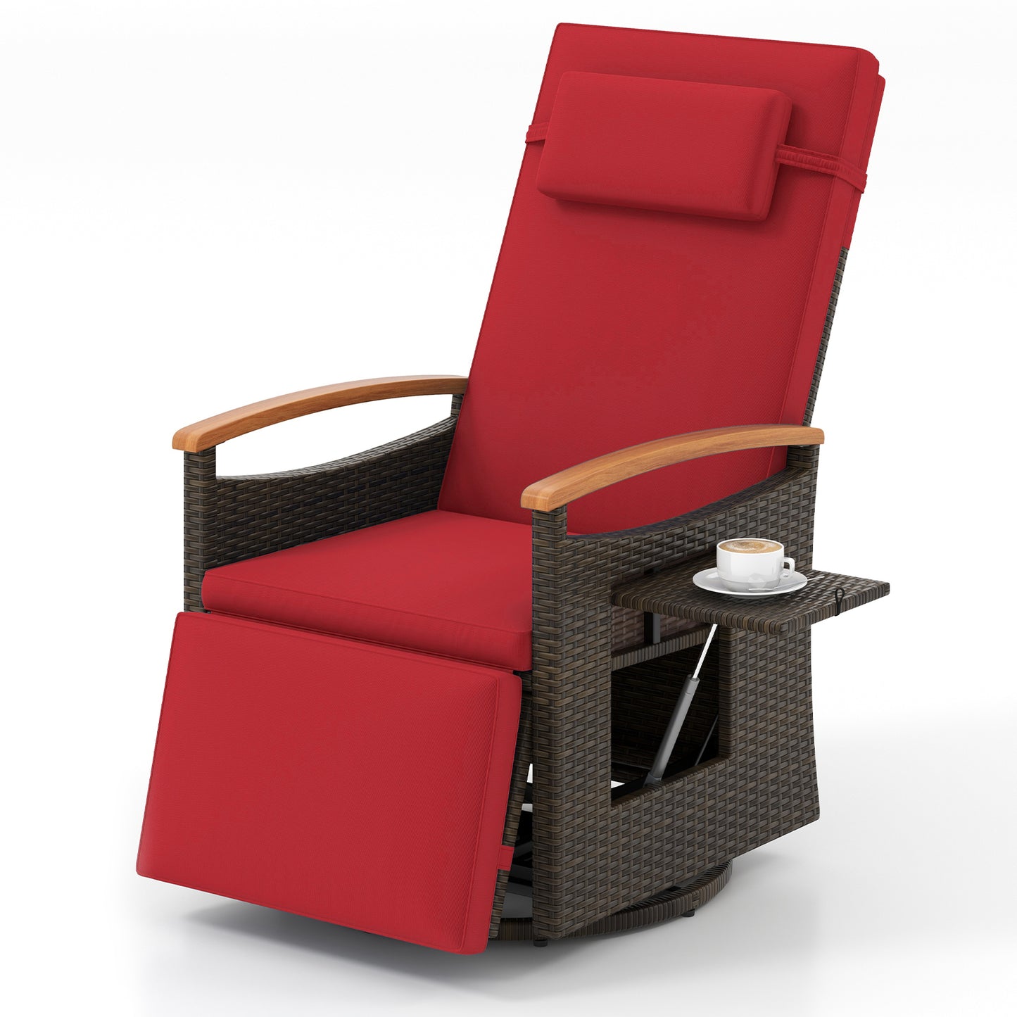 Rattan 360° Swivel Recliner Chair, Adjustable Backrest, Footrest, Red Outdoor Seating & Patio Chairs at Gallery Canada
