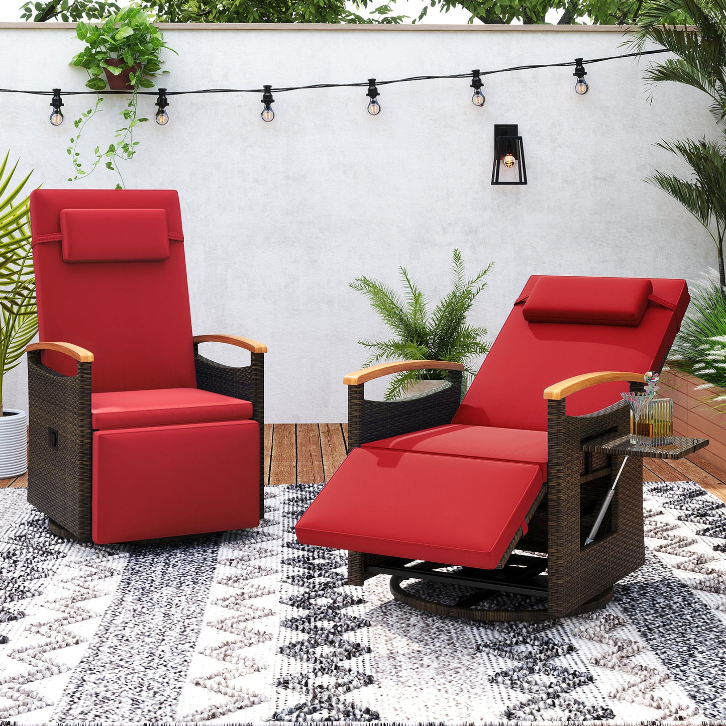 Rattan 360° Swivel Recliner Chair, Adjustable Backrest, Footrest, Red Outdoor Seating & Patio Chairs at Gallery Canada