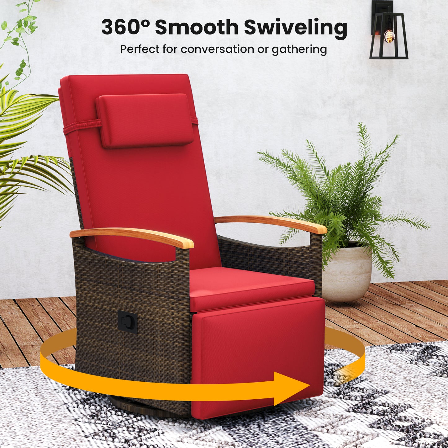 Rattan 360° Swivel Recliner Chair, Adjustable Backrest, Footrest, Red Outdoor Seating & Patio Chairs at Gallery Canada