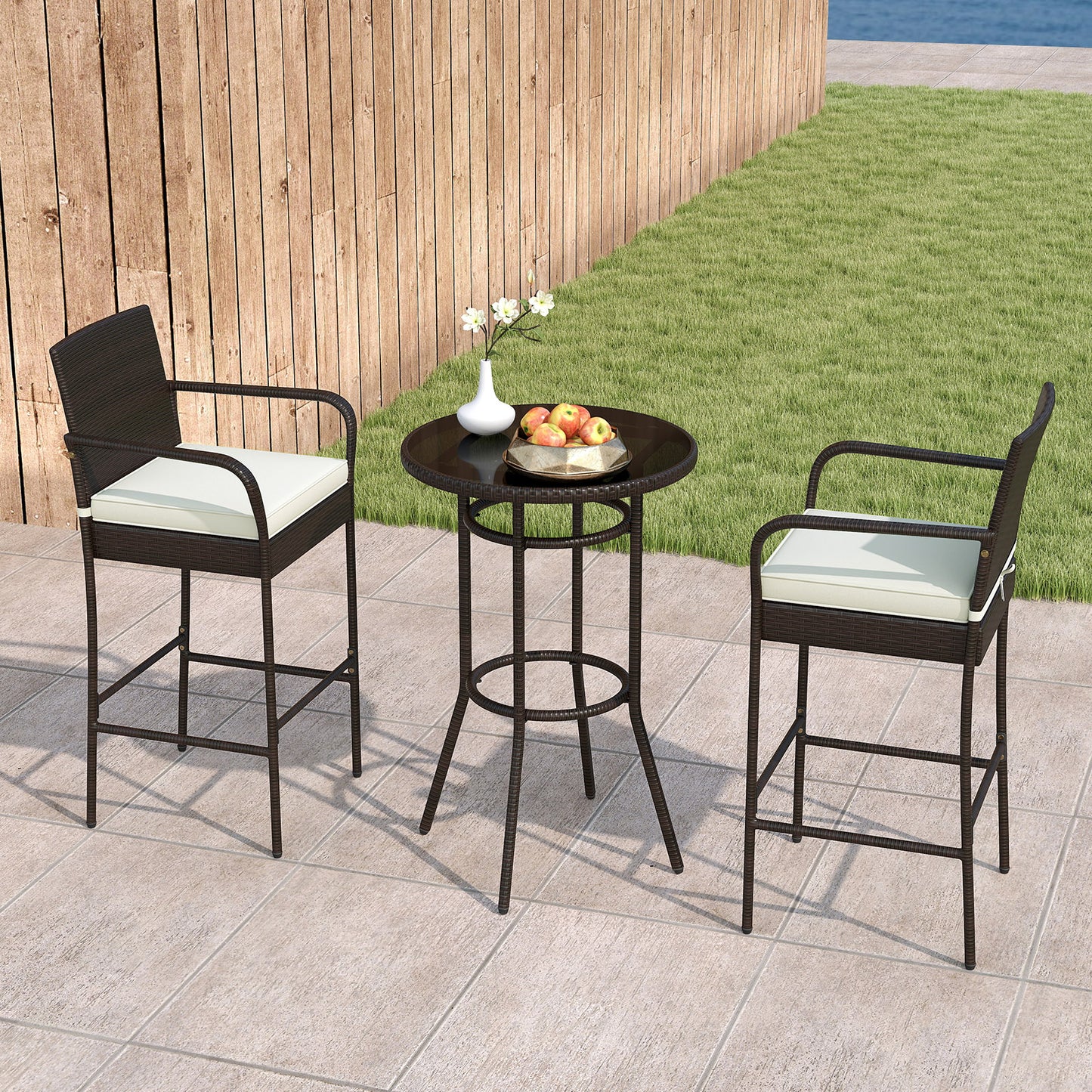 Patio Rattan Bar Height Table and Chairs with 2 Seat Cushions for Porch, White Patio Bar Furniture at Gallery Canada