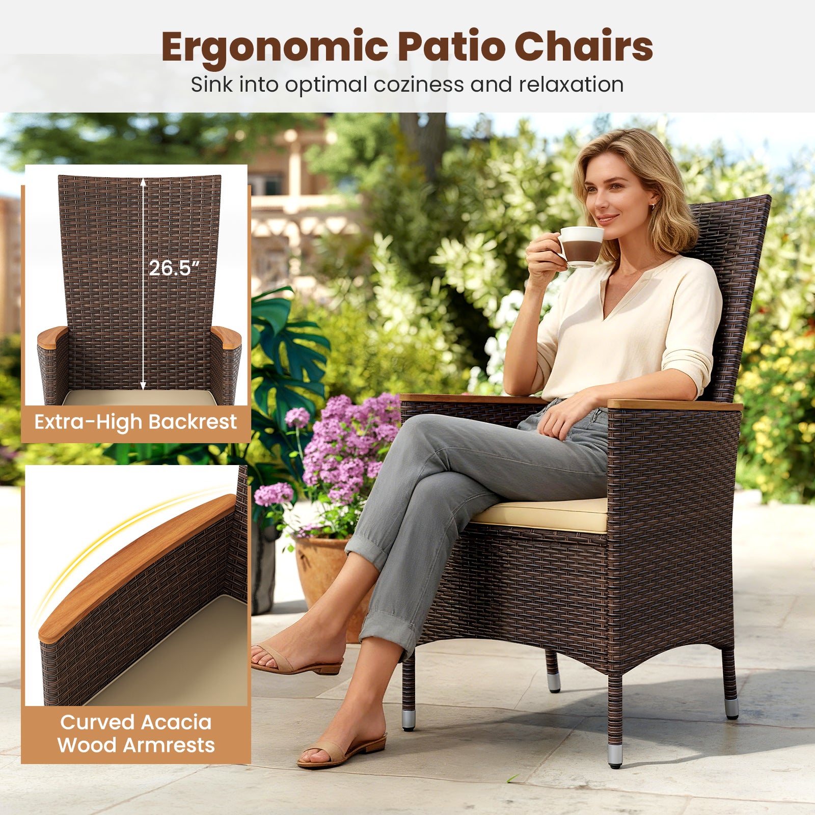 Patio Rattan Chairs Set of 2 Outdoor Wicker Dining Chairs with High Backrest, Beige Patio Dining Chairs at Gallery Canada