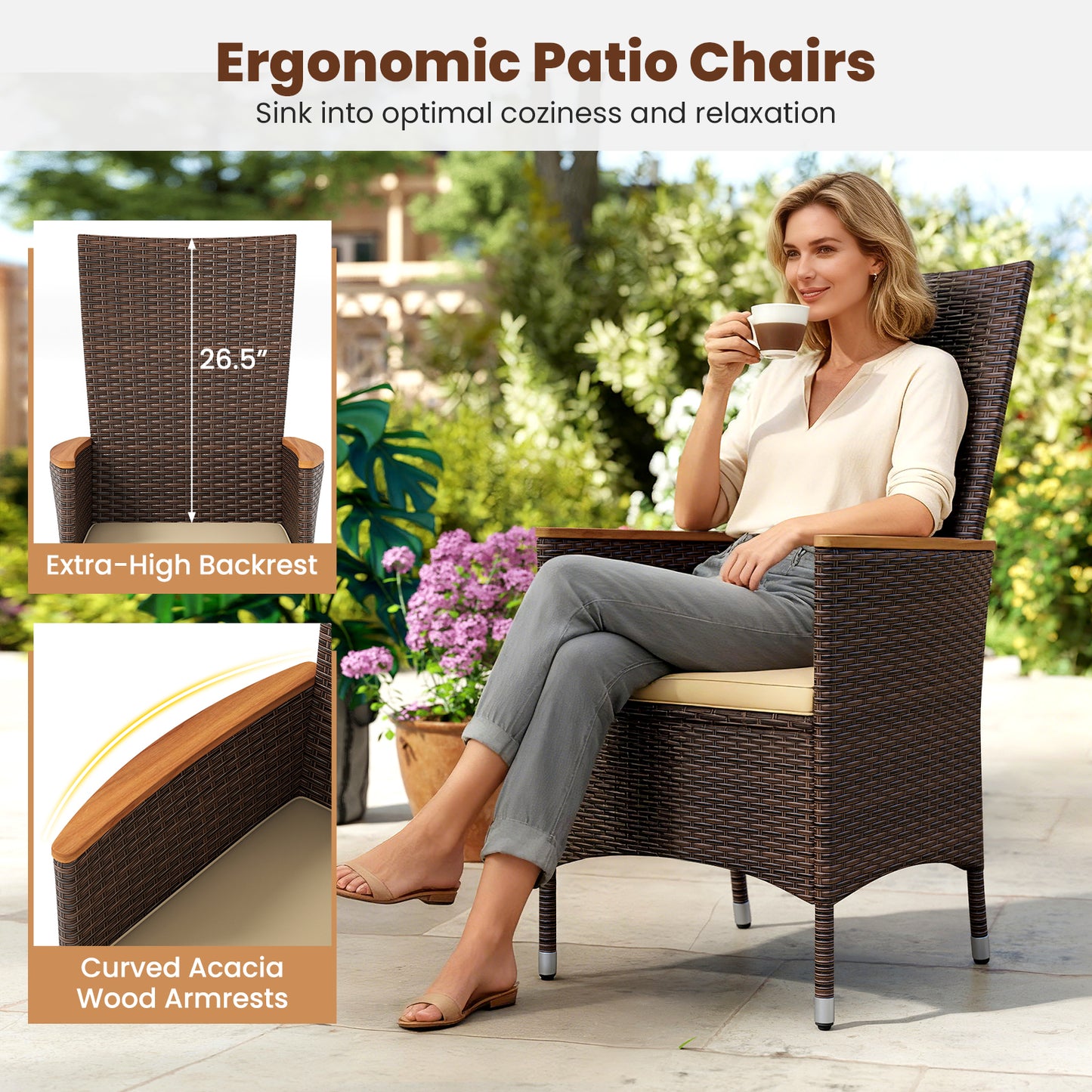 Patio Rattan Chairs Set of 4 Outdoor Wicker Dining Chairs with High Backrest, Beige Patio Dining Chairs at Gallery Canada