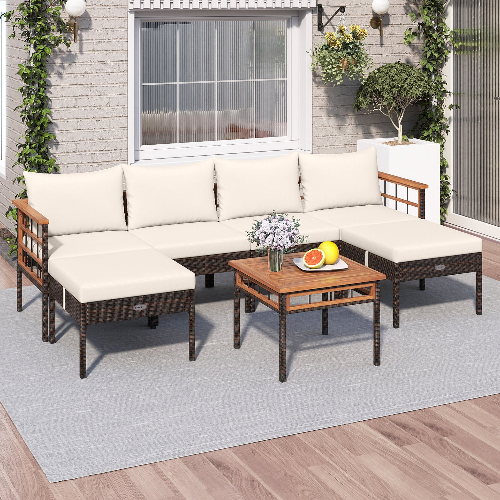 Patio Rattan Chairs with Ottomans and Side Table for Backyard-WH+, White Patio Conversation Sets at Gallery Canada
