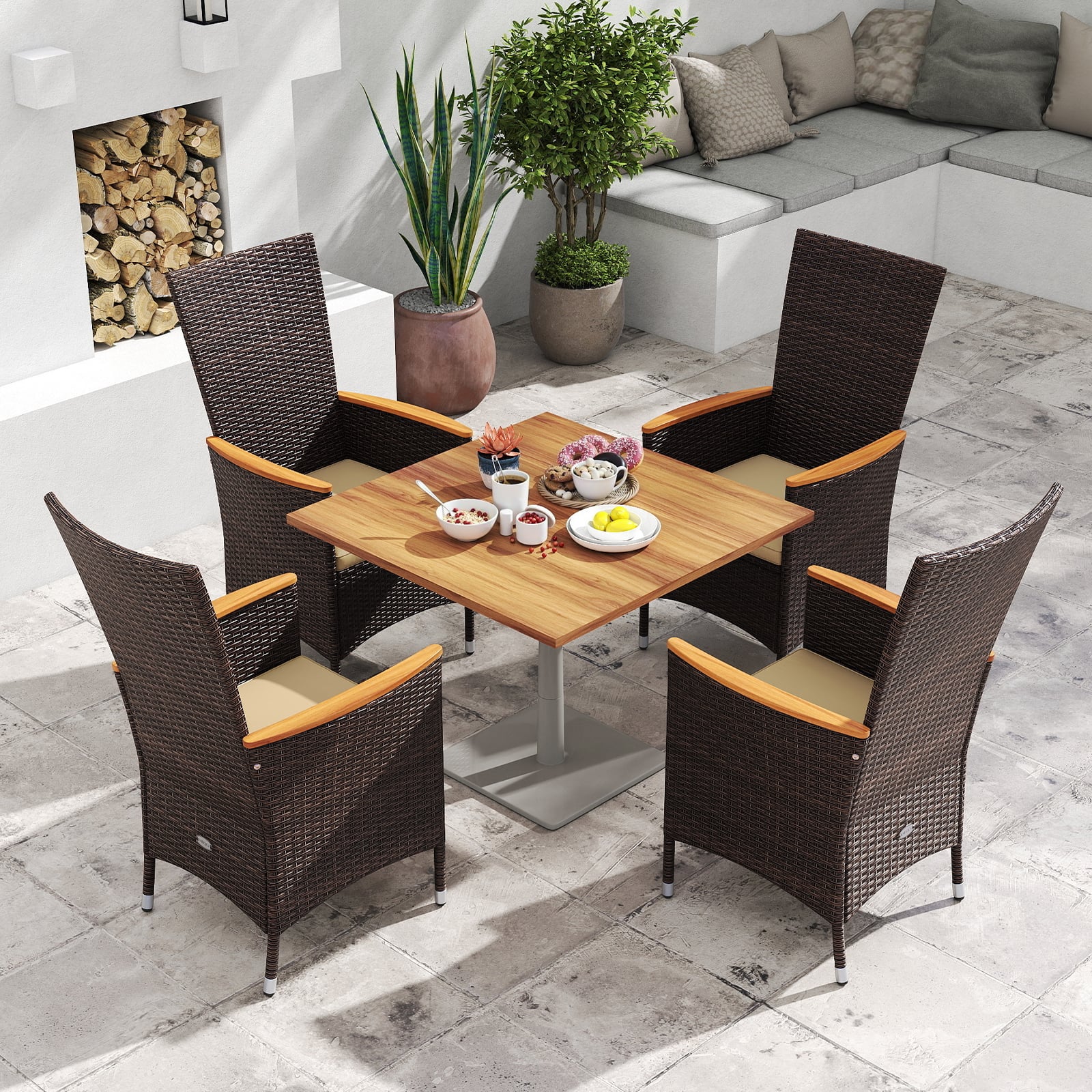 Patio Rattan Chairs Set of 4 Outdoor Wicker Dining Chairs with High Backrest, Beige Patio Dining Chairs at Gallery Canada