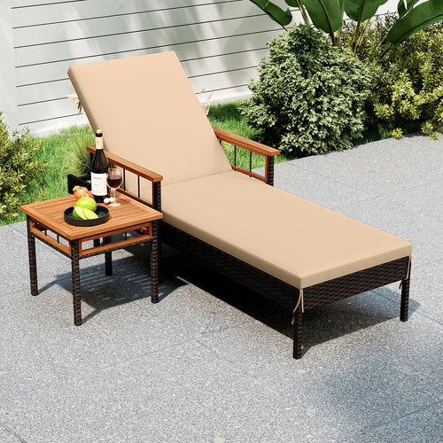 Patio Rattan Chaise Lounge with Side Table and Adjustable Backrest-WH, Brown