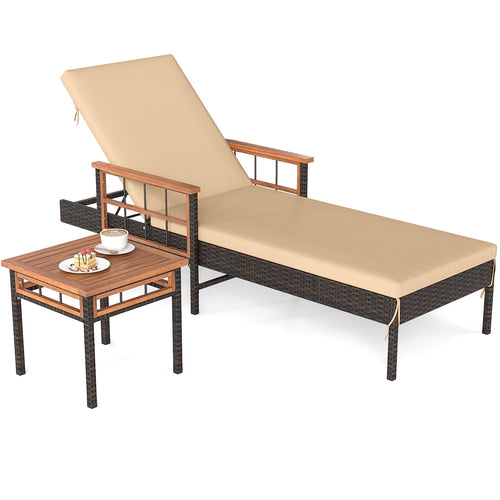 Patio Rattan Chaise Lounge with Side Table and Adjustable Backrest-WH, Brown