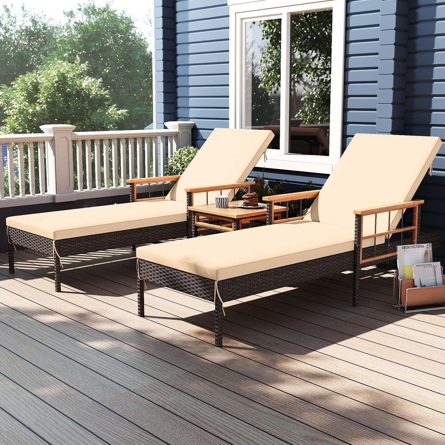 Patio Rattan Chaise Lounge with Side Table and Adjustable Backrest-WH, Brown Patio Conversation Sets at Gallery Canada