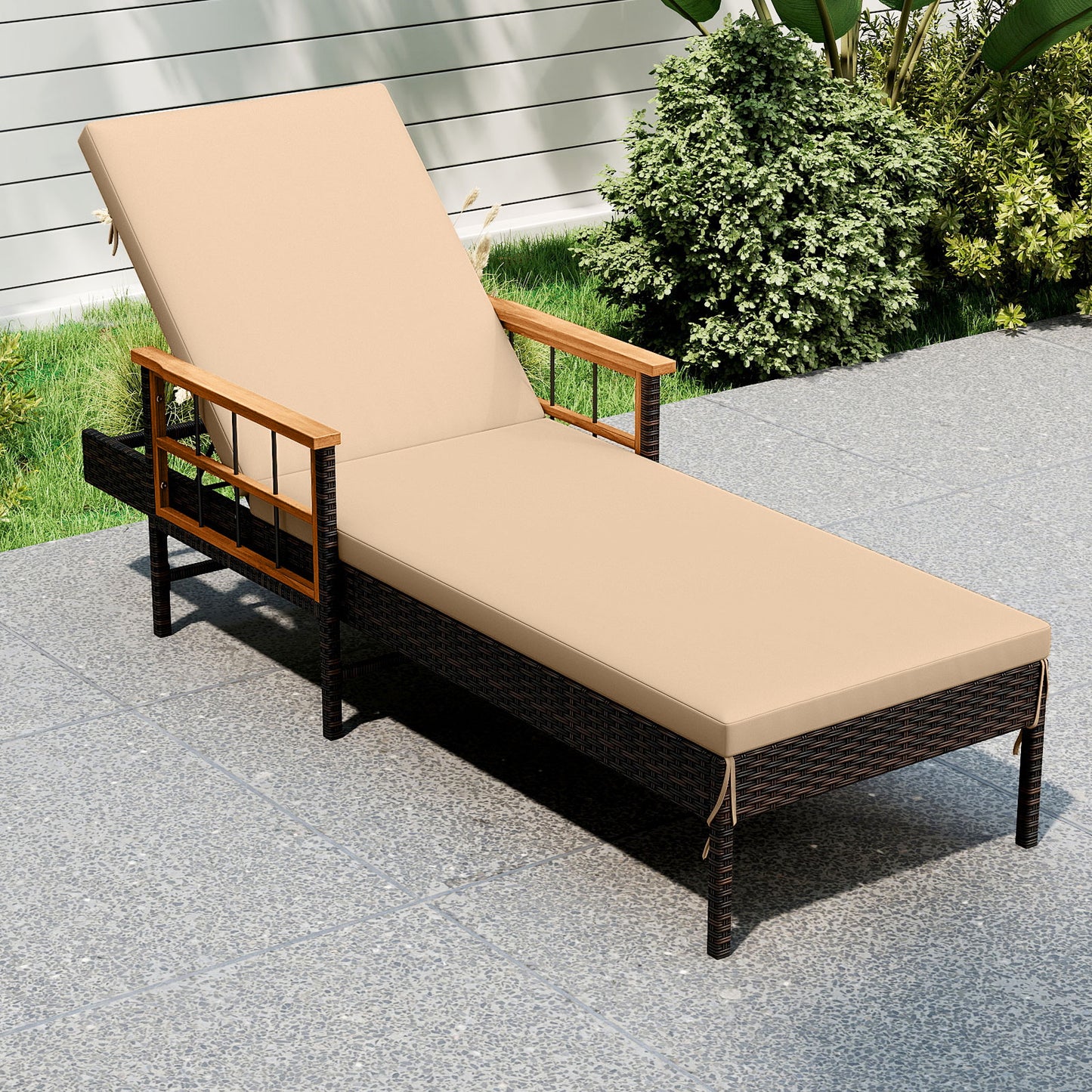 Patio Rattan Chaise Lounge with 4-Level Adjustable Backrest, Beige