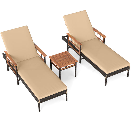 Patio Rattan Chaise Lounge with 4-Level Adjustable Backrest, Beige
