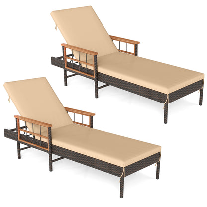 Patio Rattan Chaise Lounge with 4-Level Adjustable Backrest, Beige