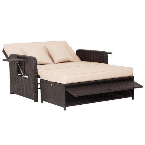 Rattan Lounge Chair Set, Adjustable Backrest, Retractable Side Tray, Brown