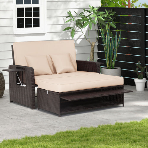 Rattan Lounge Chair Set, Adjustable Backrest, Retractable Side Tray, Brown