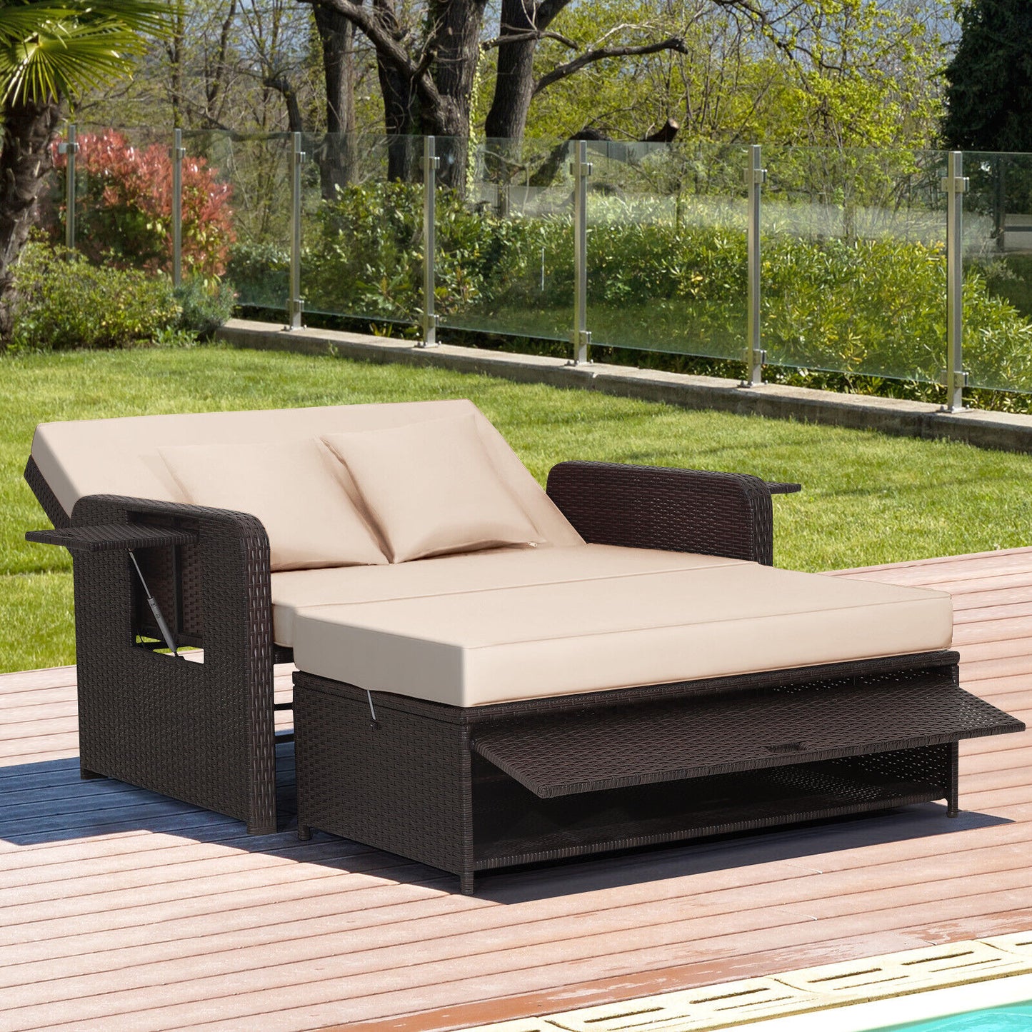 Rattan Lounge Chair Set, Adjustable Backrest, Retractable Side Tray, Brown Outdoor Sectionals at Gallery Canada