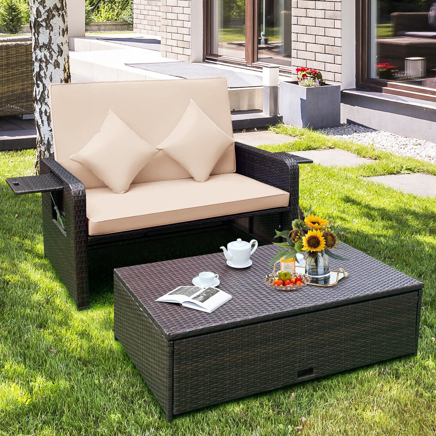 Rattan Lounge Chair Set, Adjustable Backrest, Retractable Side Tray, Brown Outdoor Sectionals at Gallery Canada