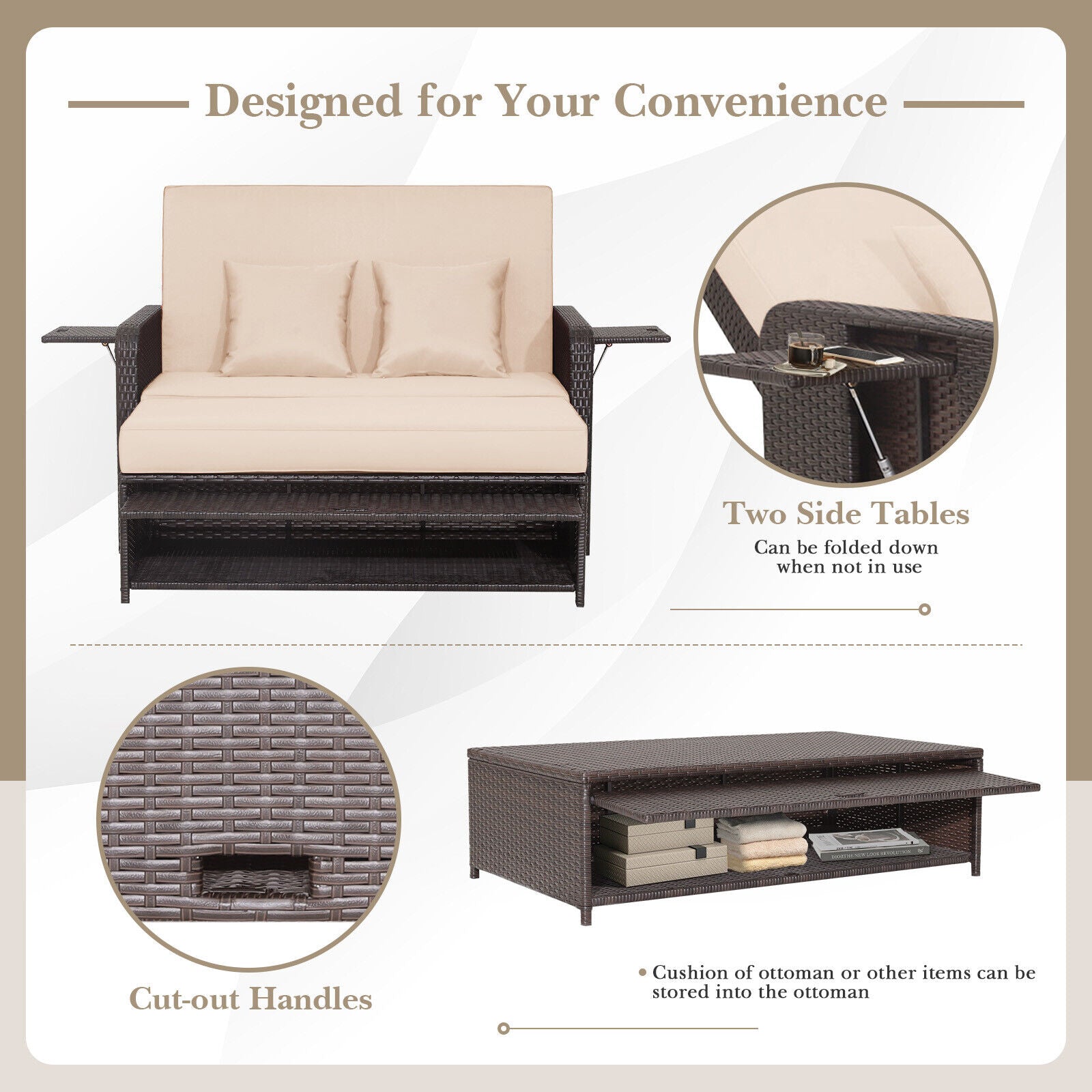 Rattan Lounge Chair Set, Adjustable Backrest, Retractable Side Tray, Brown Outdoor Sectionals at Gallery Canada