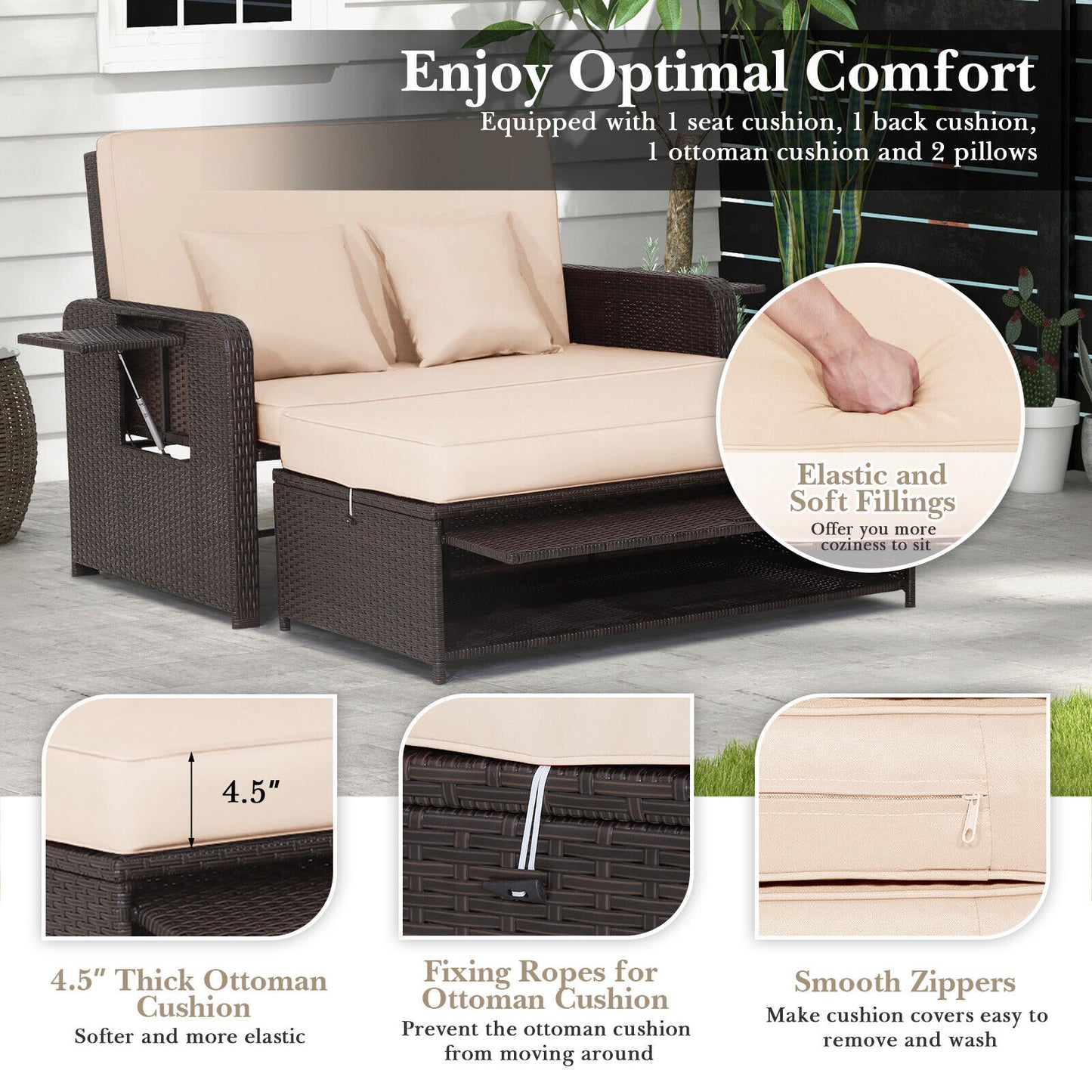 Rattan Lounge Chair Set, Adjustable Backrest, Retractable Side Tray, Brown Outdoor Sectionals at Gallery Canada