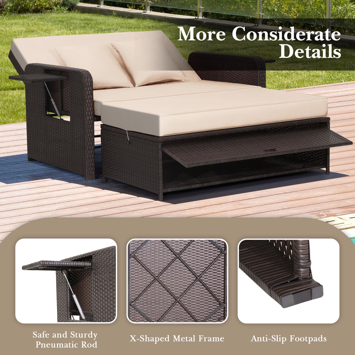 Rattan Lounge Chair Set, Adjustable Backrest, Retractable Side Tray, Brown Outdoor Sectionals at Gallery Canada