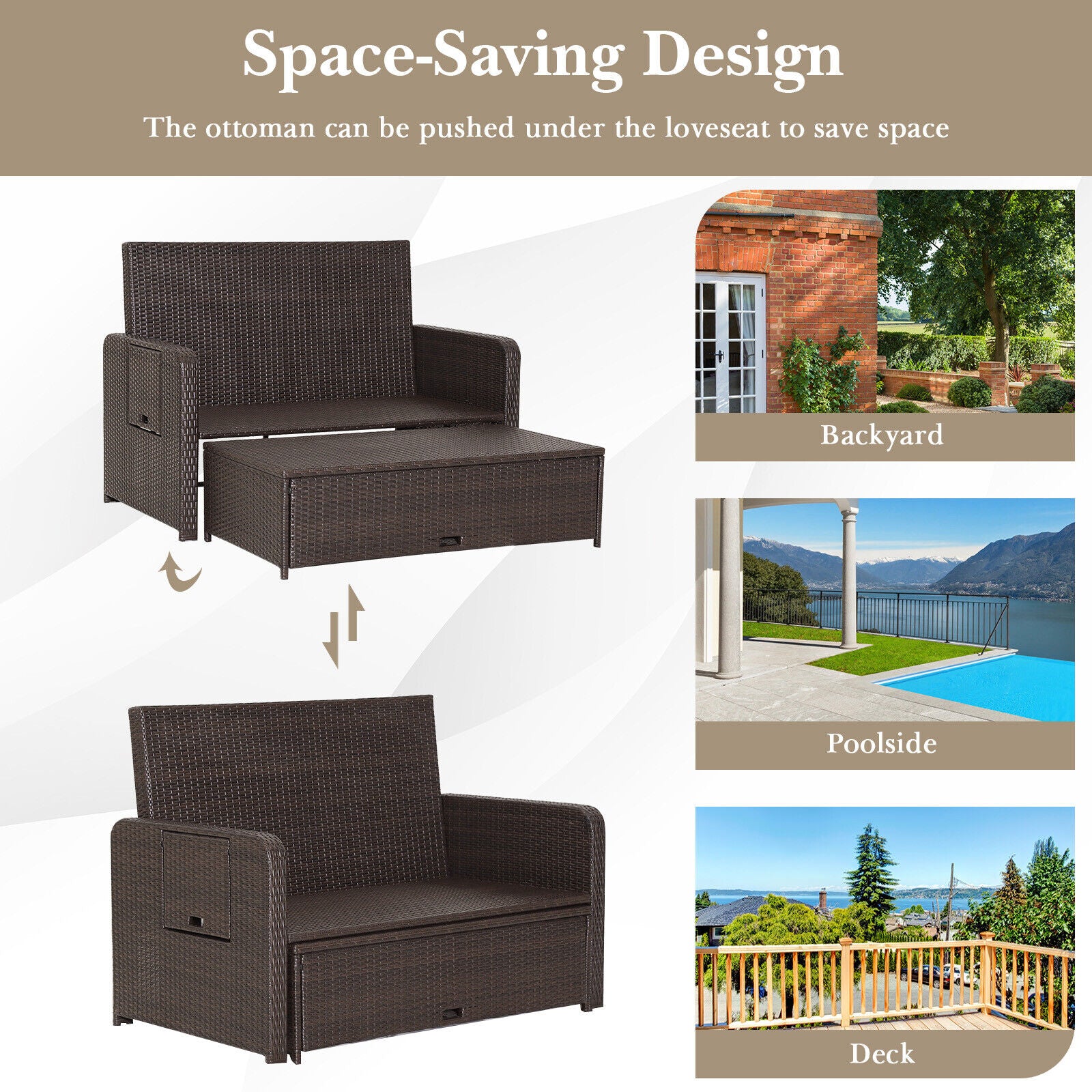 Rattan Lounge Chair Set, Adjustable Backrest, Retractable Side Tray, Brown Outdoor Sectionals at Gallery Canada