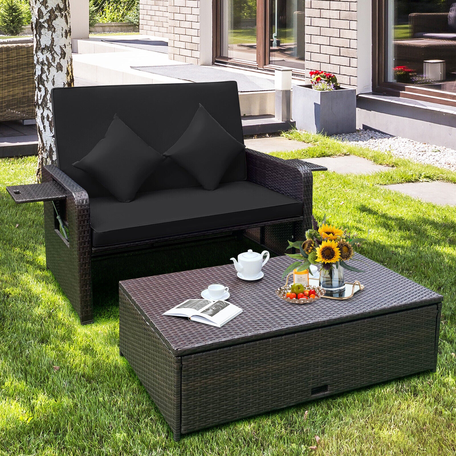 Patio Rattan Daybed, Adjustable Backrest, Retractable Side Tray, Black Outdoor Sectionals at Gallery Canada