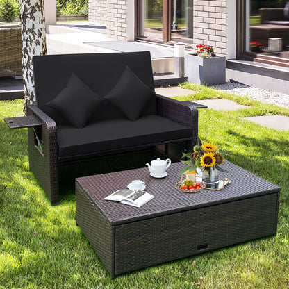Patio Rattan Daybed, Adjustable Backrest, Retractable Side Tray, Black Outdoor Sectionals at Gallery Canada