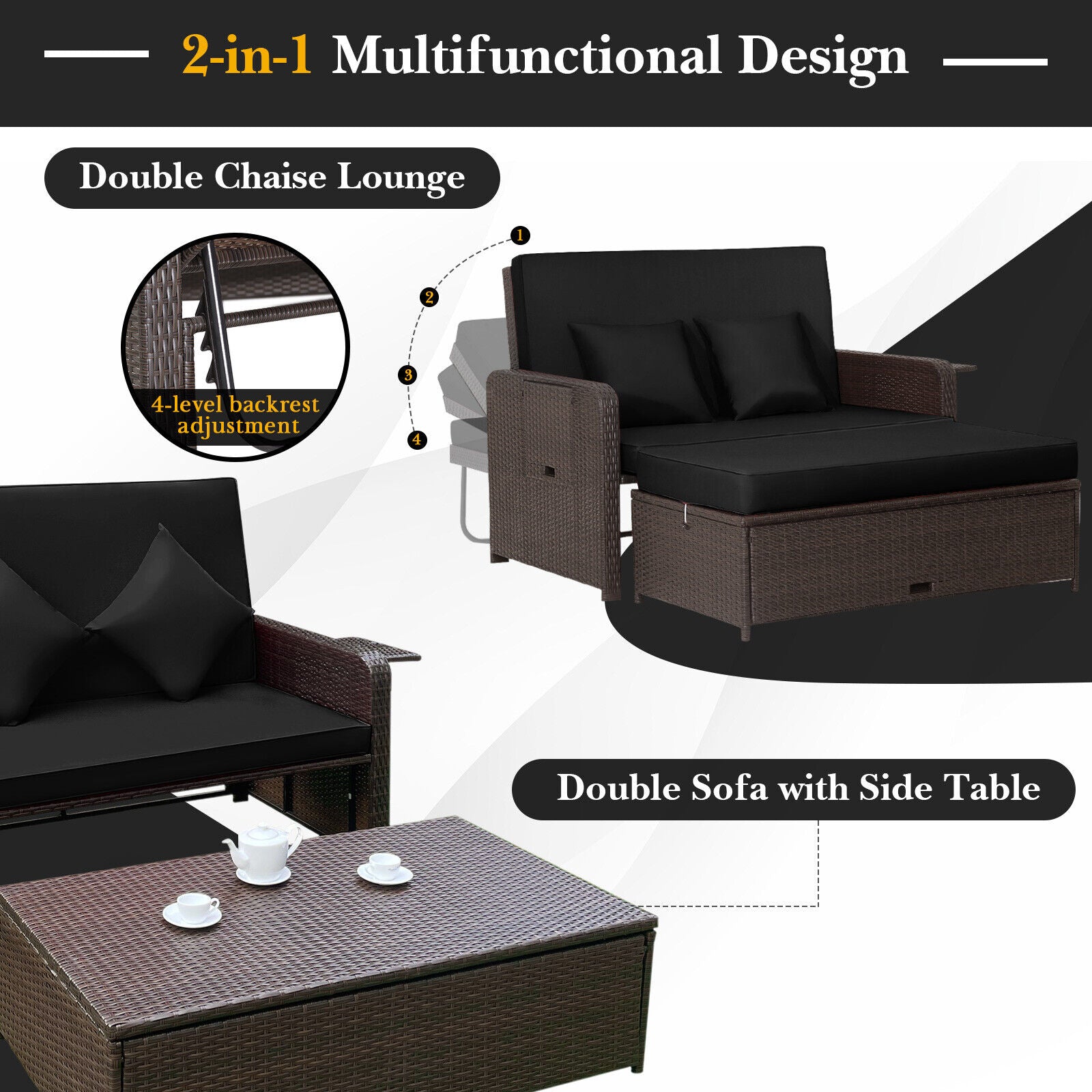 Patio Rattan Daybed, Adjustable Backrest, Retractable Side Tray, Black Outdoor Sectionals at Gallery Canada