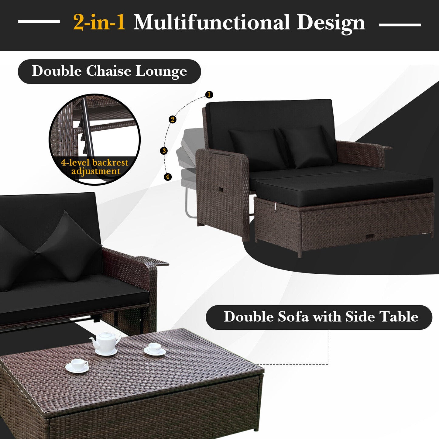 Patio Rattan Daybed, Adjustable Backrest, Retractable Side Tray, Black Outdoor Sectionals at Gallery Canada