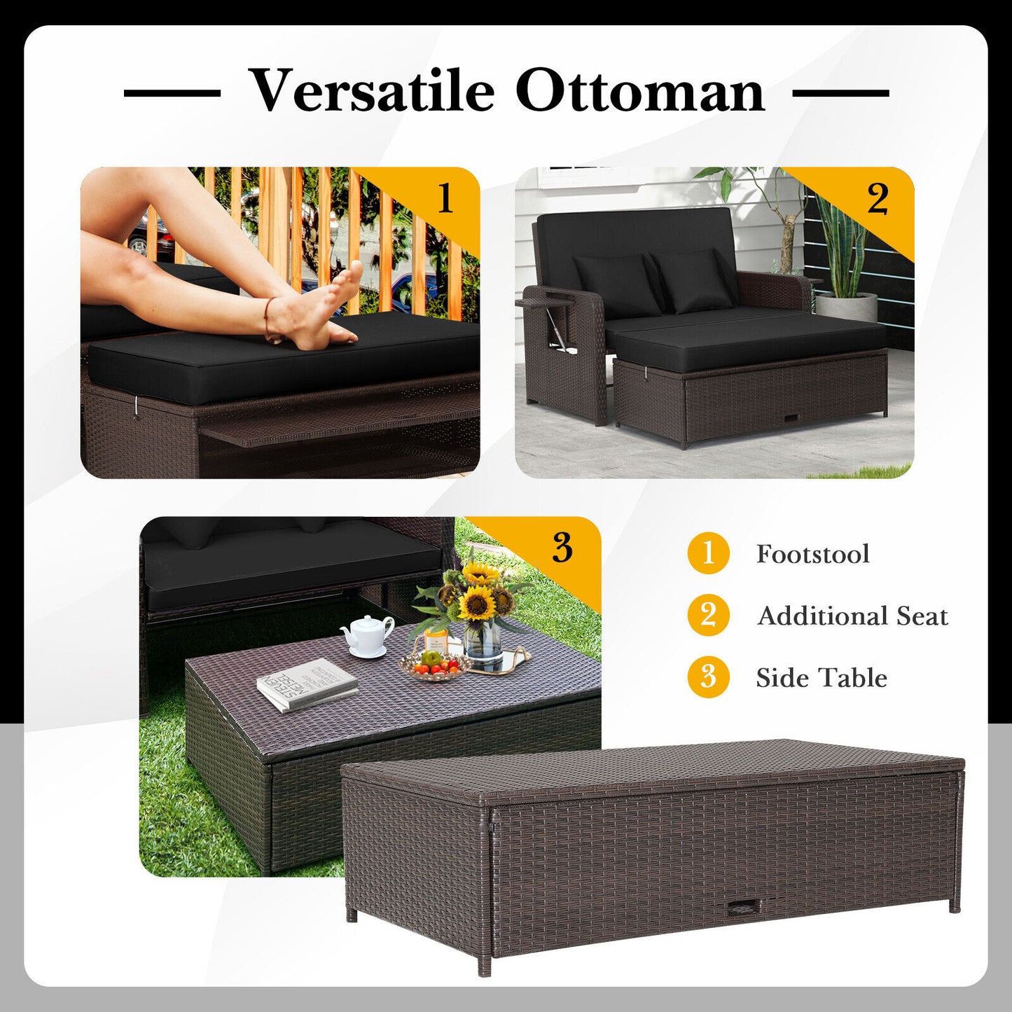 Patio Rattan Daybed, Adjustable Backrest, Retractable Side Tray, Black Outdoor Sectionals at Gallery Canada