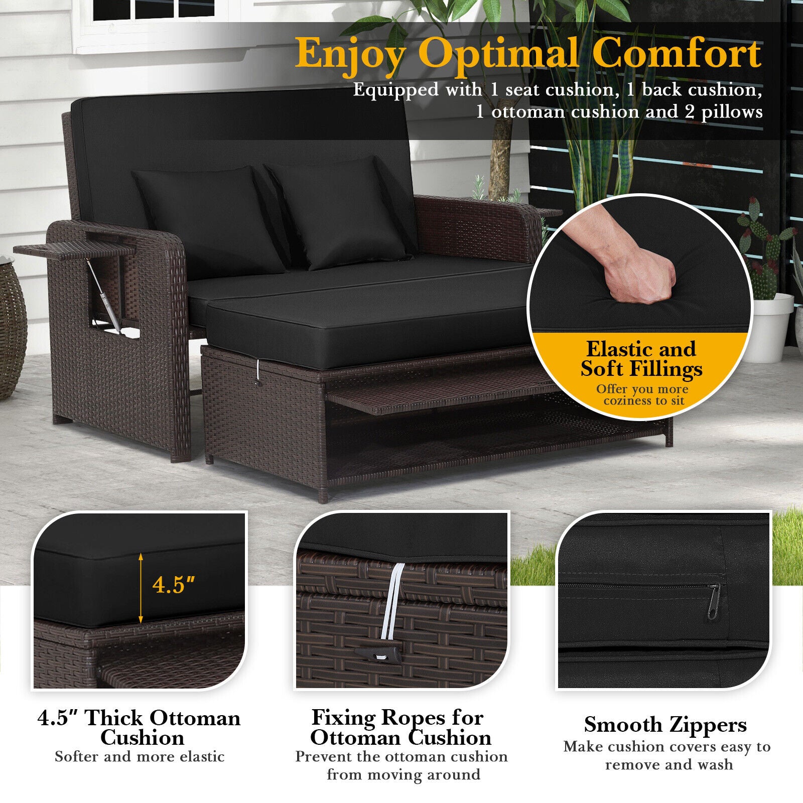 Patio Rattan Daybed, Adjustable Backrest, Retractable Side Tray, Black Outdoor Sectionals at Gallery Canada