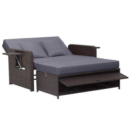 Patio Rattan Daybed, 4-Level Adjustable Backrest, Retractable Side Tray, Gray Outdoor Sectionals Gray at Gallery Canada