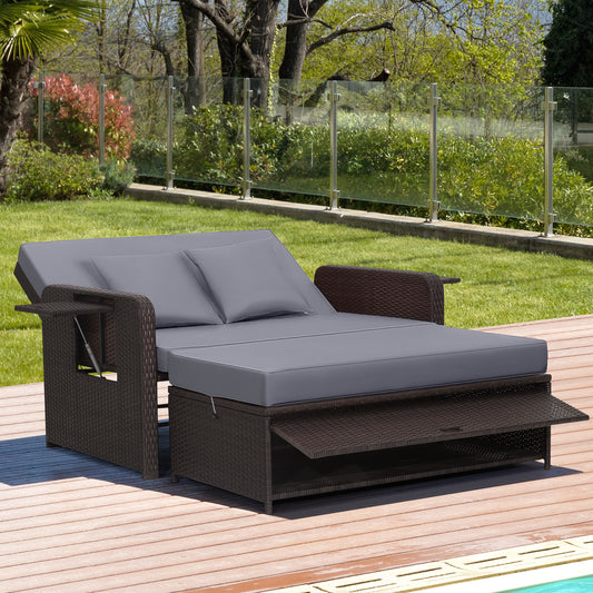 Patio Rattan Daybed, 4-Level Adjustable Backrest, Retractable Side Tray, Gray Outdoor Sectionals Gray at Gallery Canada