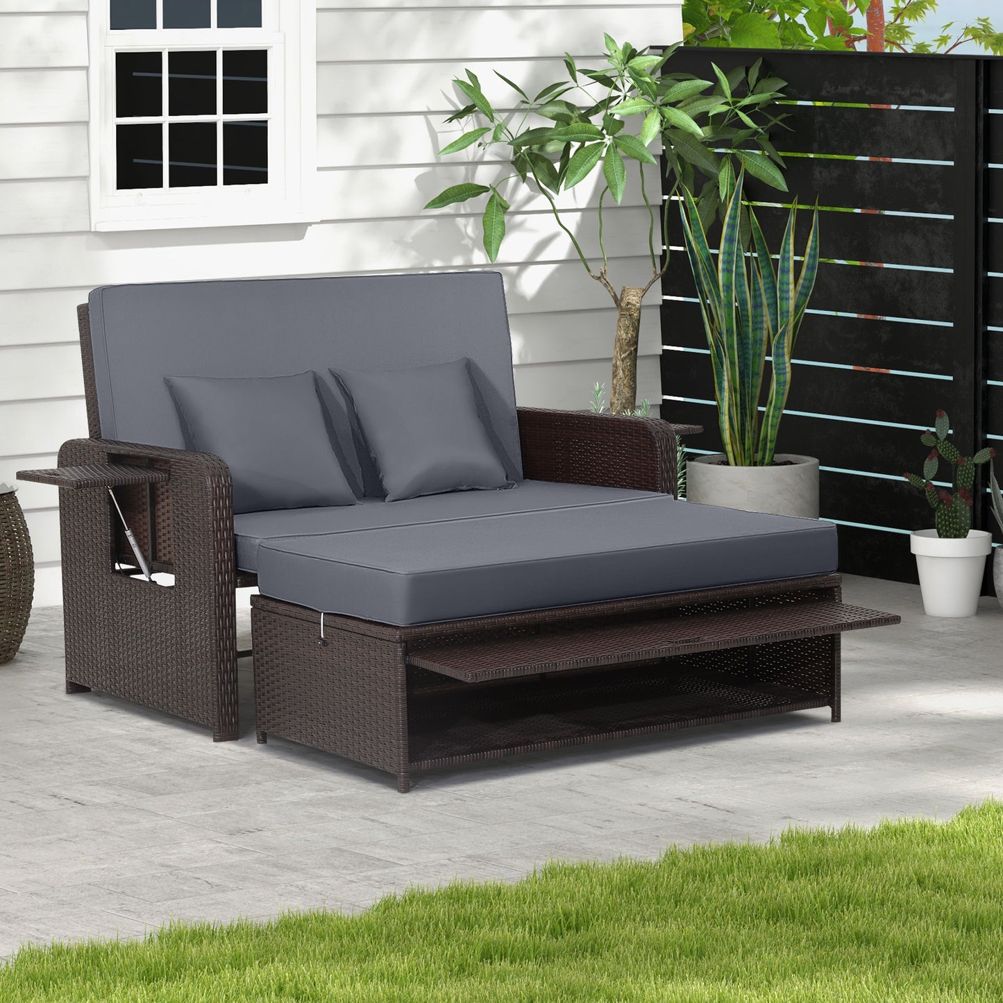 Lit de jour en rotin pour patio, dossier réglable à 4 niveaux, plateau latéral escamotable, gris