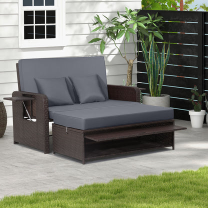 Lit de jour en rotin pour patio, dossier réglable à 4 niveaux, plateau latéral escamotable, gris