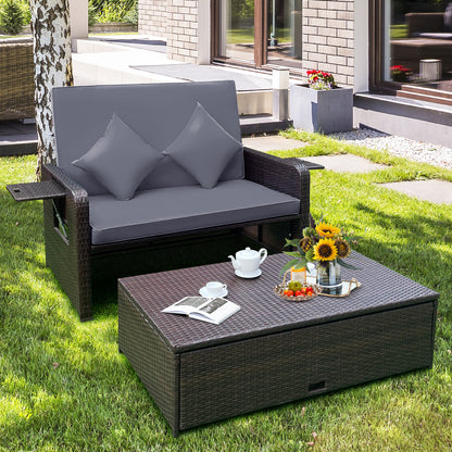 Lit de jour en rotin pour patio, dossier réglable à 4 niveaux, plateau latéral escamotable, gris