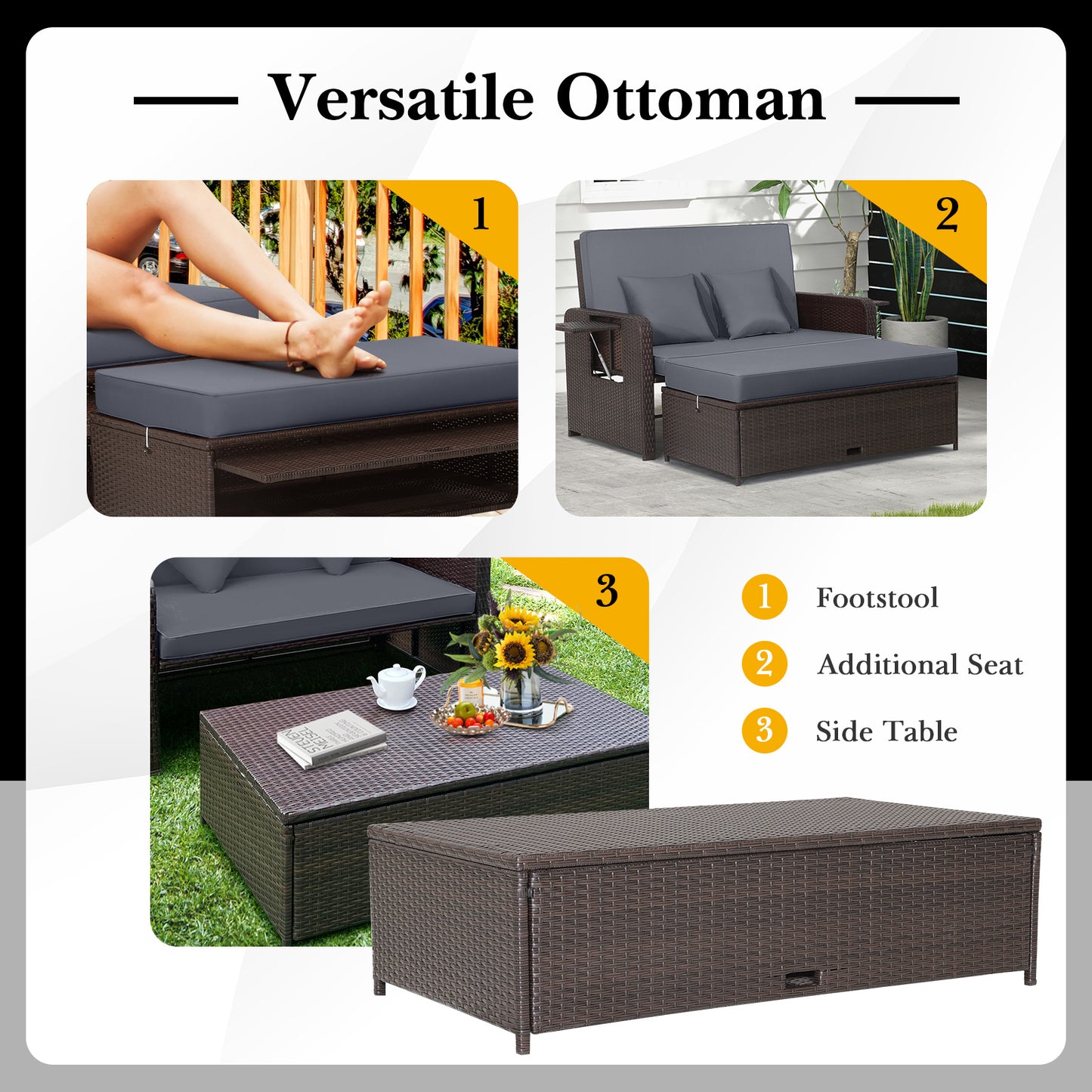 Lit de jour en rotin pour patio, dossier réglable à 4 niveaux, plateau latéral escamotable, gris