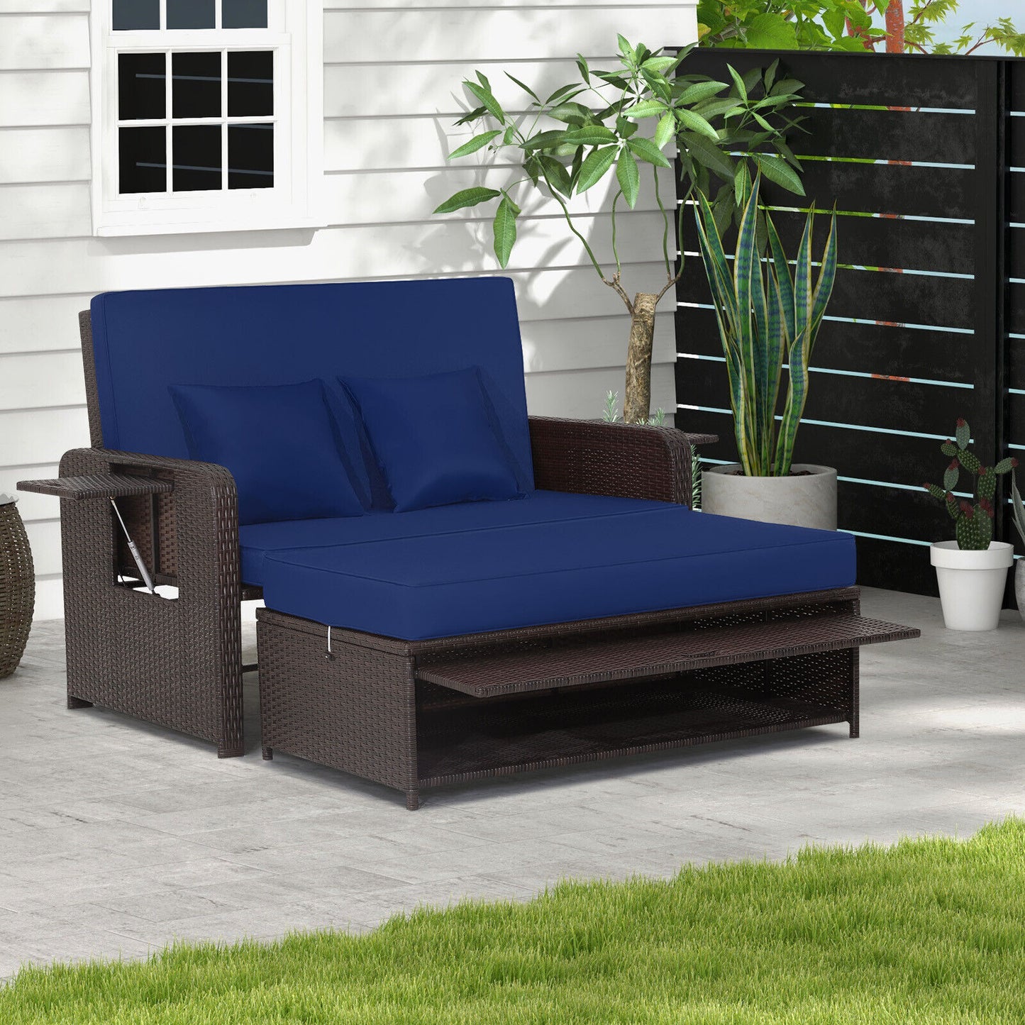 Patio Rattan Daybed, Adjustable Backrest, Retractable Side Tray, Navy Outdoor Sectionals at Gallery Canada