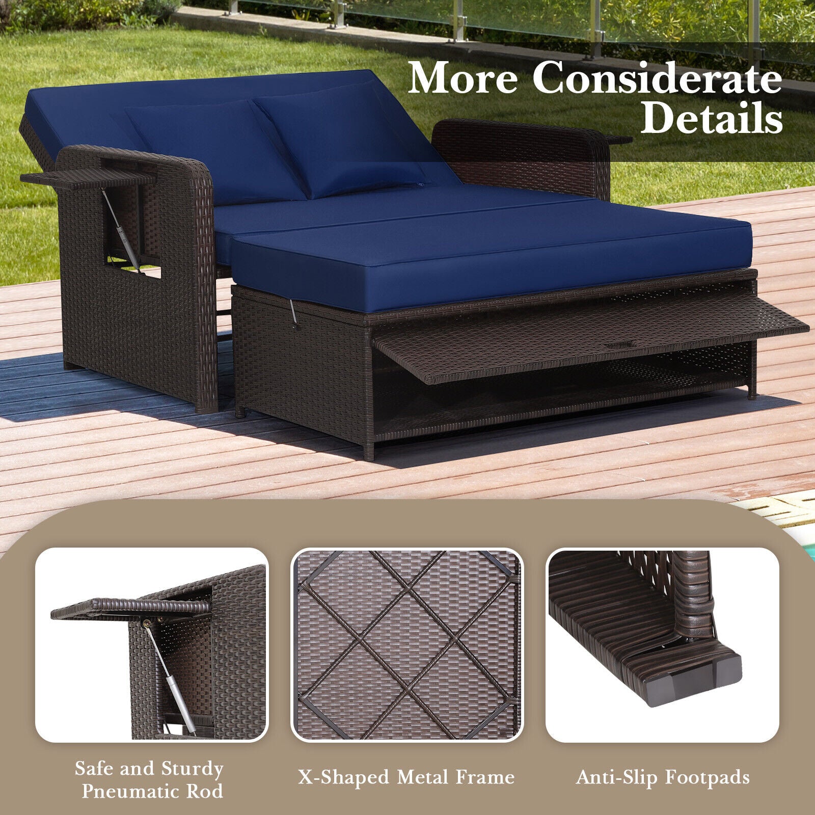 Patio Rattan Daybed, Adjustable Backrest, Retractable Side Tray, Navy Outdoor Sectionals at Gallery Canada