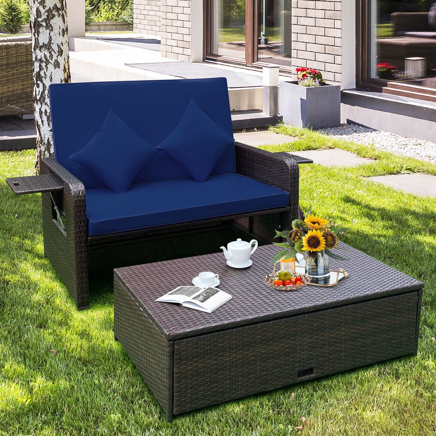Patio Rattan Daybed, Adjustable Backrest, Retractable Side Tray, Navy Outdoor Sectionals at Gallery Canada