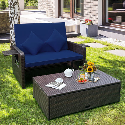 Patio Rattan Daybed, Adjustable Backrest, Retractable Side Tray, Navy Outdoor Sectionals at Gallery Canada