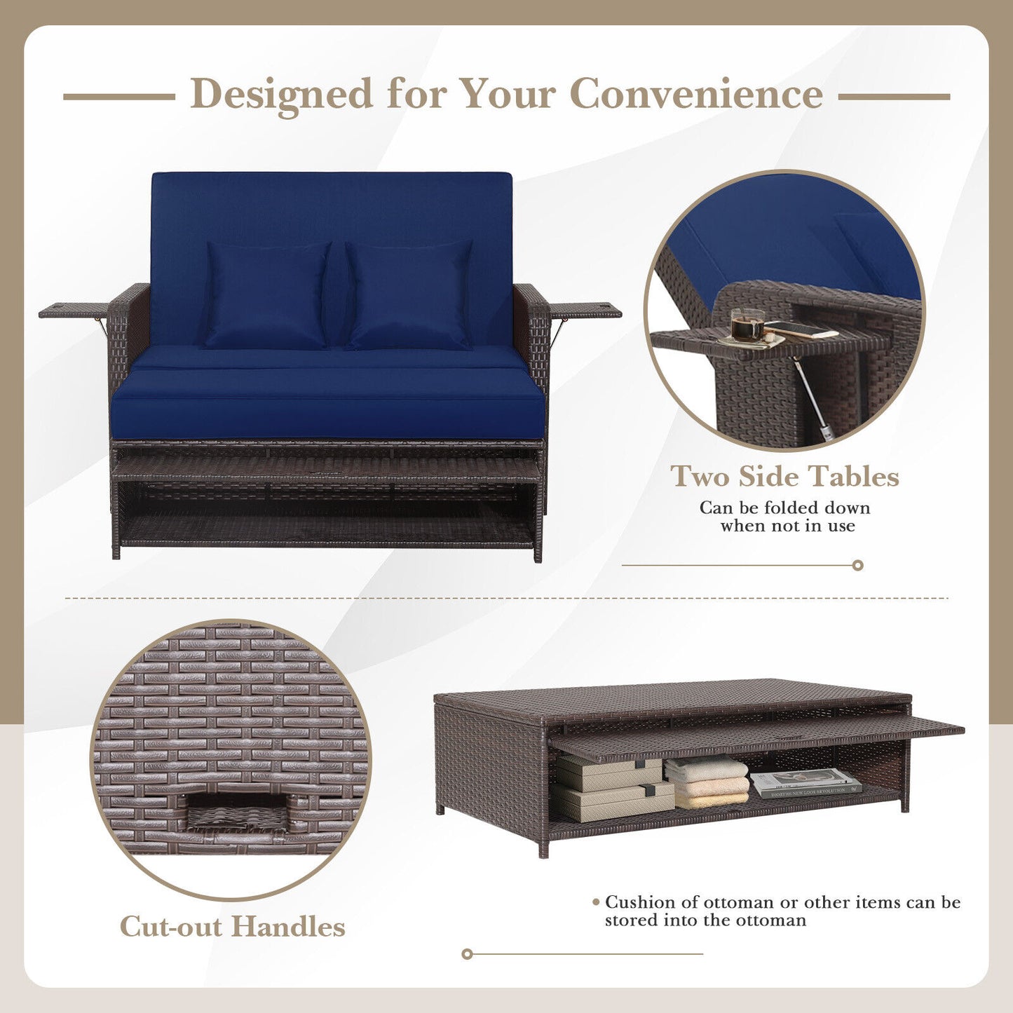 Patio Rattan Daybed, Adjustable Backrest, Retractable Side Tray, Navy Outdoor Sectionals at Gallery Canada