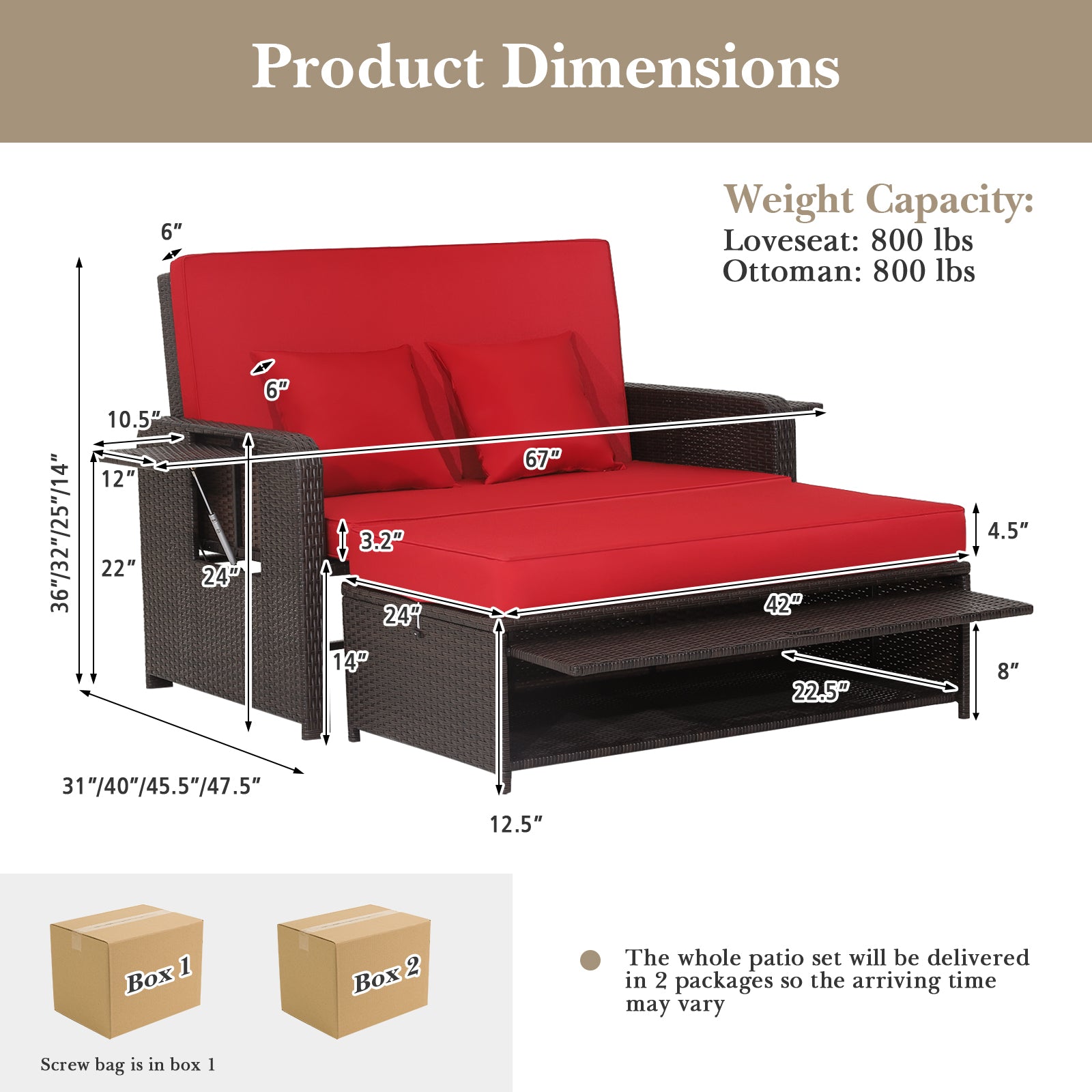Patio Rattan Lounge Chair Set, Adjustable Backrest, Retractable Side Tray, Red Outdoor Sectionals at Gallery Canada