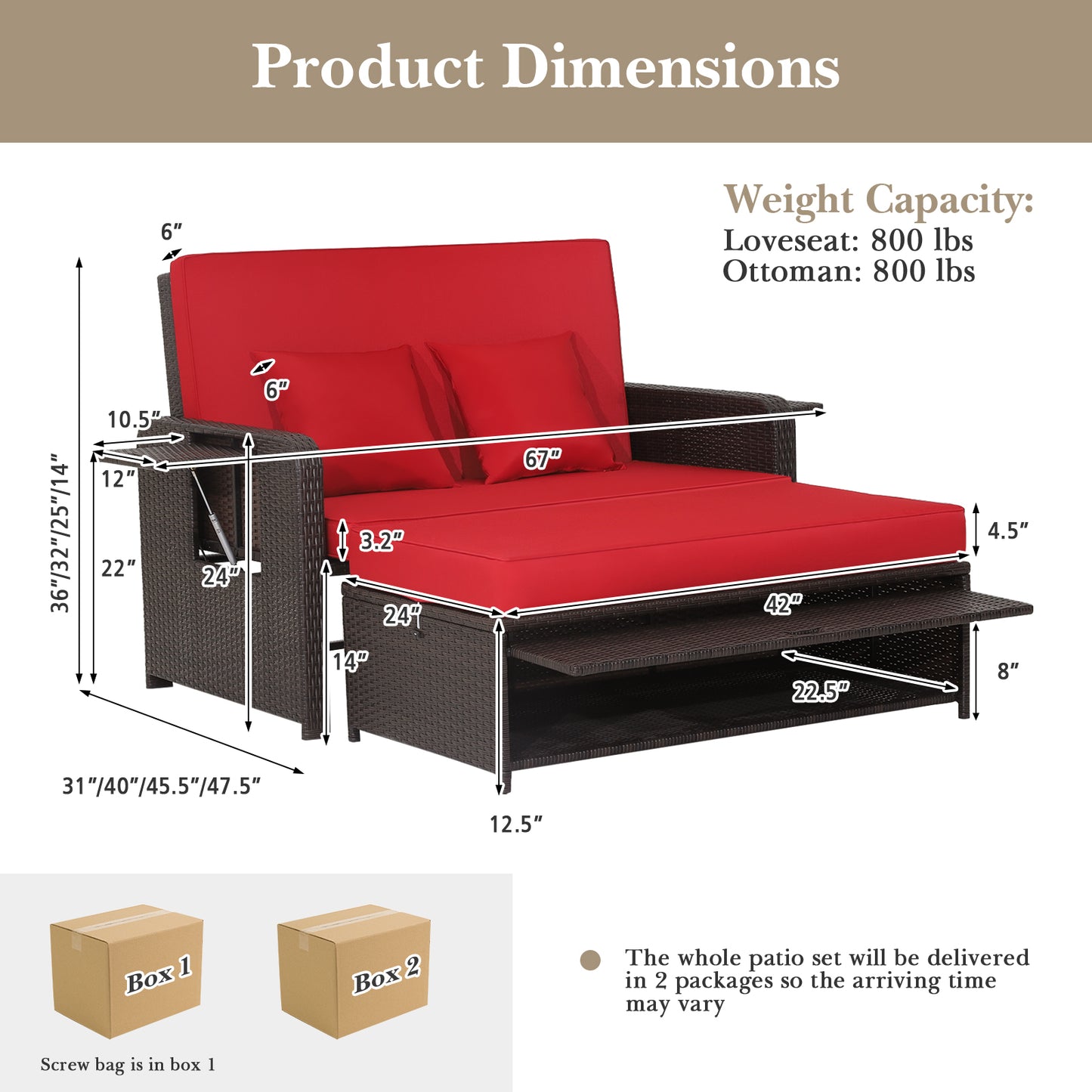 Patio Rattan Lounge Chair Set, Adjustable Backrest, Retractable Side Tray, Red Outdoor Sectionals at Gallery Canada