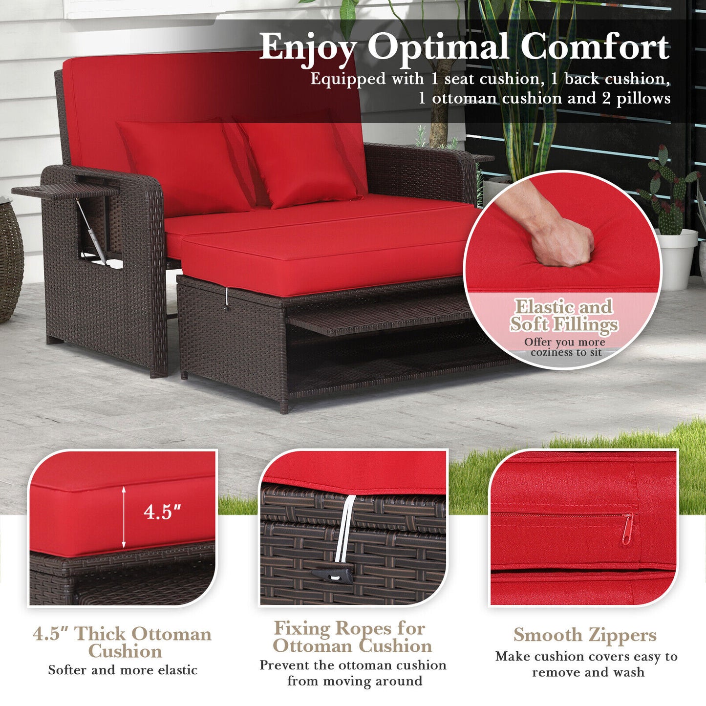 Patio Rattan Lounge Chair Set, Adjustable Backrest, Retractable Side Tray, Red Outdoor Sectionals at Gallery Canada