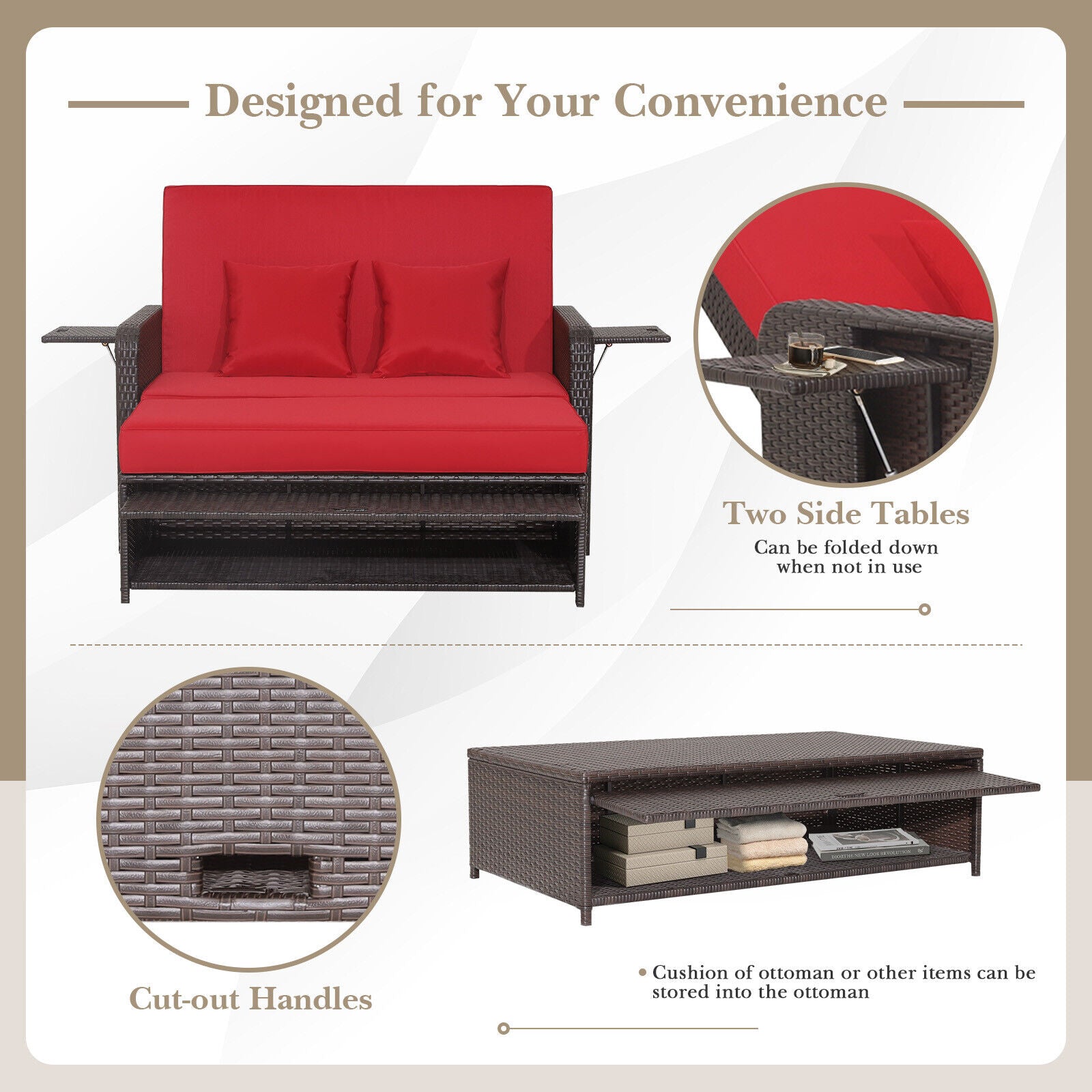 Patio Rattan Lounge Chair Set, Adjustable Backrest, Retractable Side Tray, Red Outdoor Sectionals at Gallery Canada