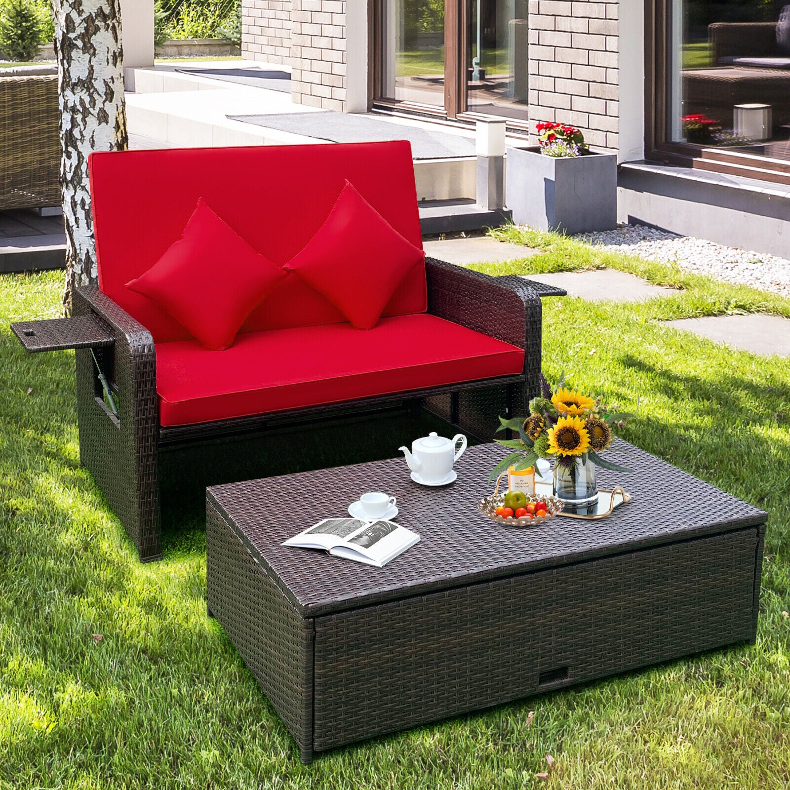 Patio Rattan Lounge Chair Set, Adjustable Backrest, Retractable Side Tray, Red Outdoor Sectionals at Gallery Canada