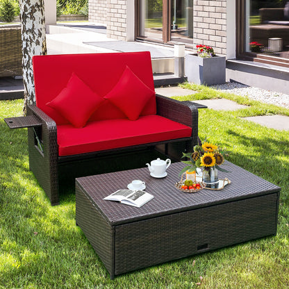 Patio Rattan Lounge Chair Set, Adjustable Backrest, Retractable Side Tray, Red Outdoor Sectionals at Gallery Canada