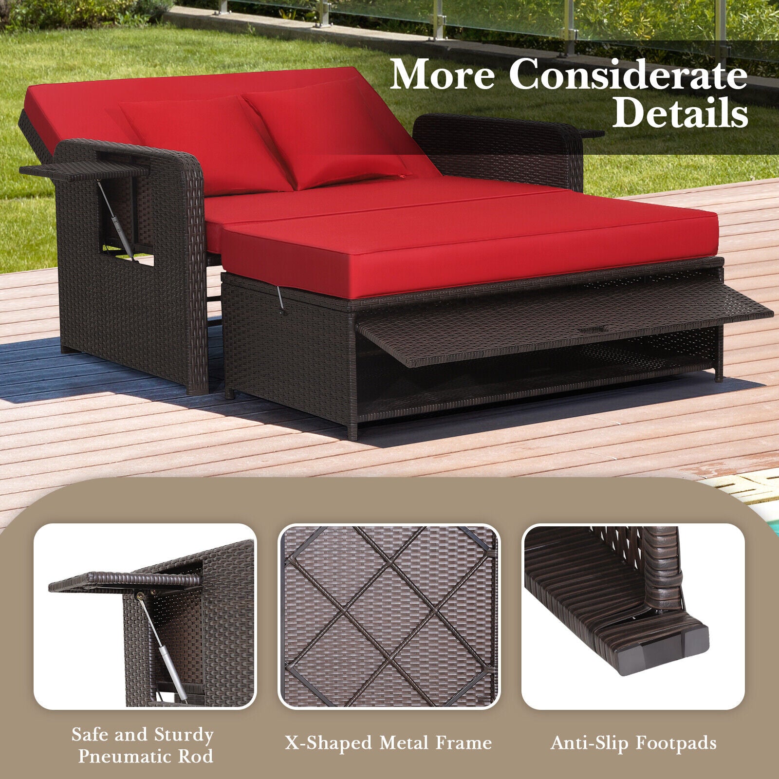 Patio Rattan Lounge Chair Set, Adjustable Backrest, Retractable Side Tray, Red Outdoor Sectionals at Gallery Canada