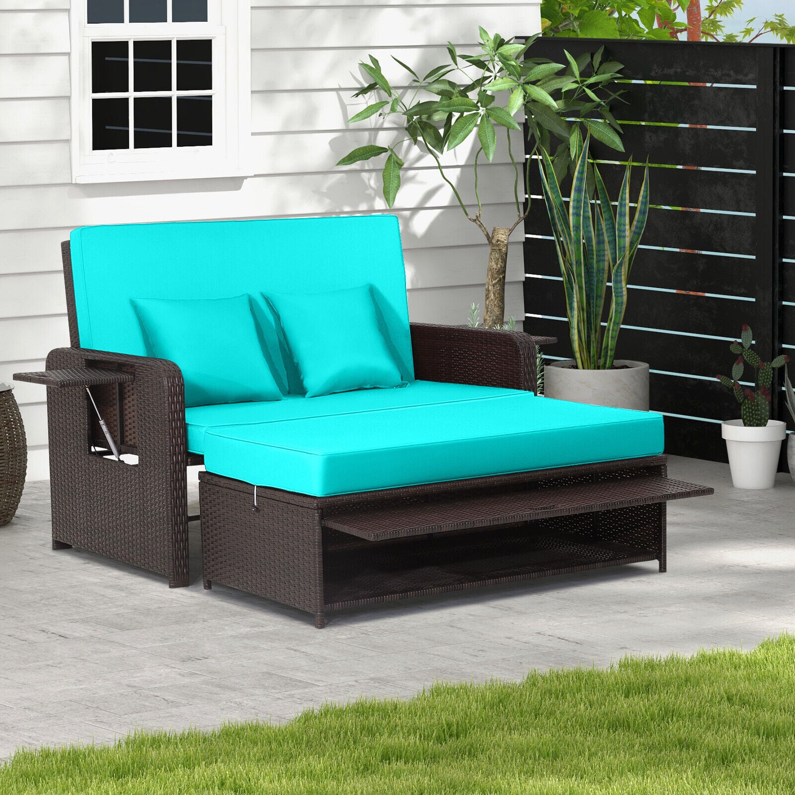 Patio Rattan Daybed, Adjustable Backrest, Retractable Side Tray, Turquoise Outdoor Sectionals at Gallery Canada