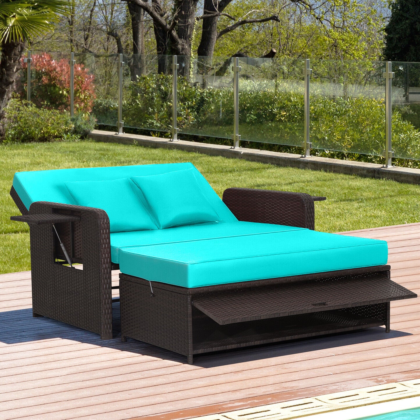 Patio Rattan Daybed, Adjustable Backrest, Retractable Side Tray, Turquoise Outdoor Sectionals at Gallery Canada